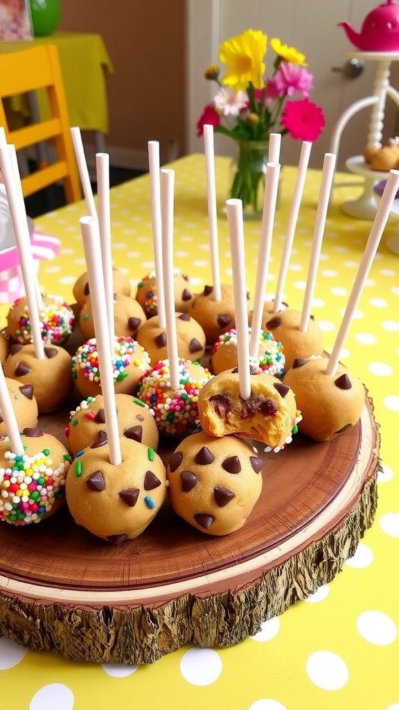 Colorful cookie pops with sprinkles and chocolate chips on a wooden platter.